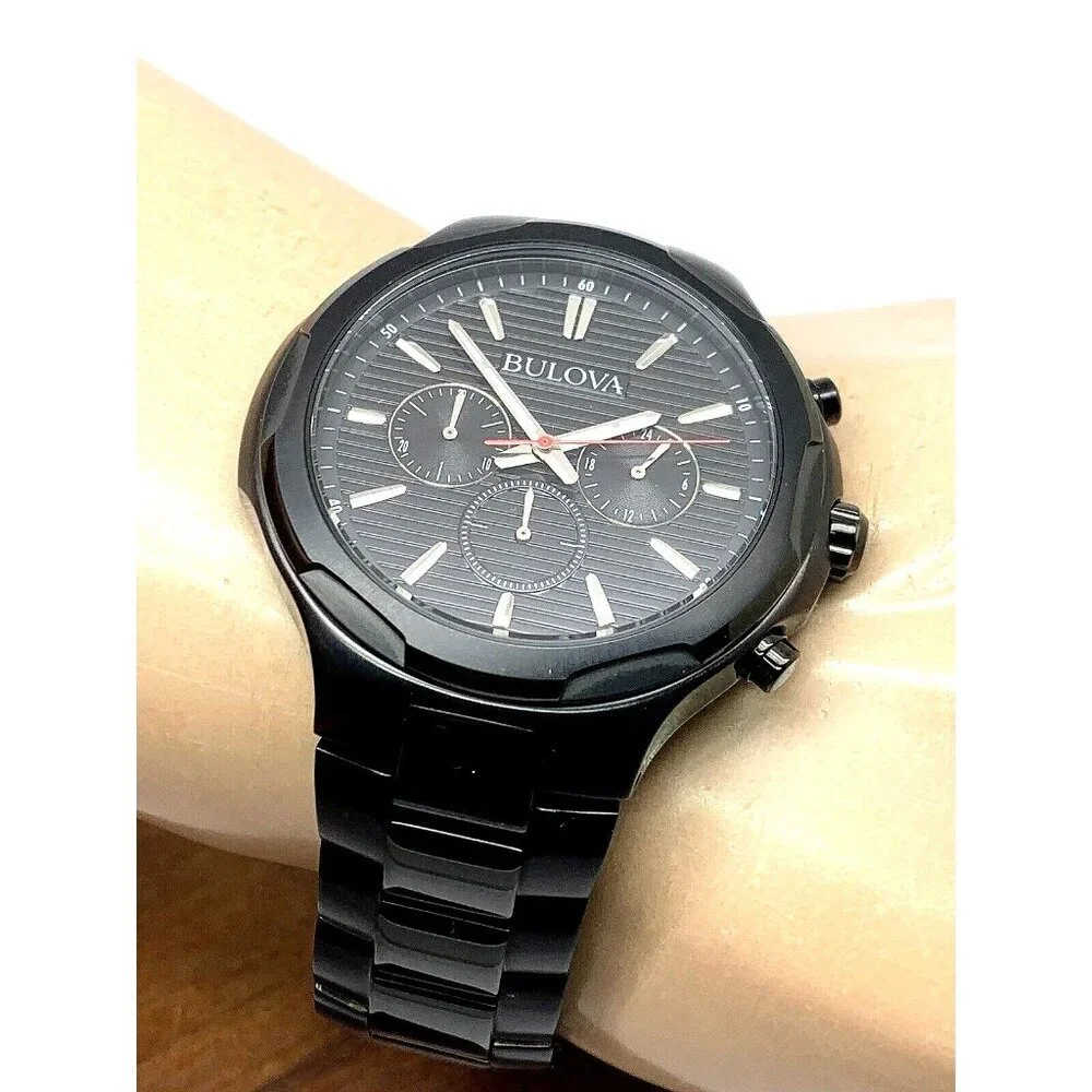 Bulova Men's Watch 98A189 Black Dial Quartz Chronograph Stainless Steel 46mm